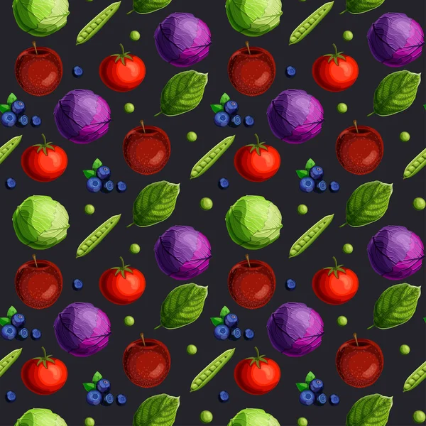 Seamless pattern with fesh vegetables, fruits, berries and green leaves on black background. — Stock Vector