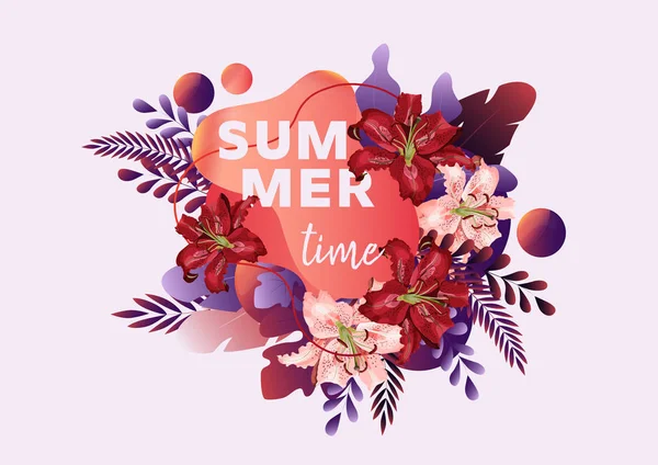 Banner de hora de verão com flores de lírio, folhas e forma líquida abstrata e texto sobre fundo branco . — Vetor de Stock