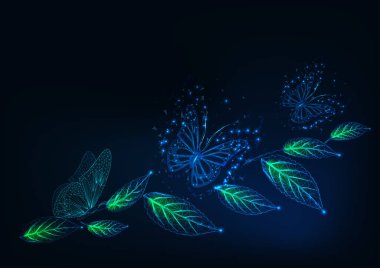 Koyu mavi parlayan düşük Çokgen kelebekler ve yeşil yaprakları ile fütüristik web banner şablonu.