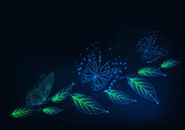 Plantilla de banner web futurista con brillantes mariposas poligonales bajas y hojas verdes en azul oscuro . — Vector de stock