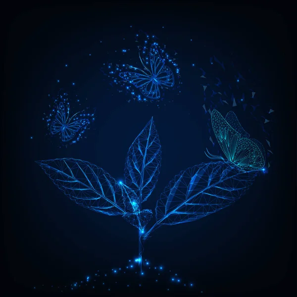 Futurista brillante bajo poli mariposas voladoras alrededor de la planta verde sobre fondo azul oscuro . — Vector de stock