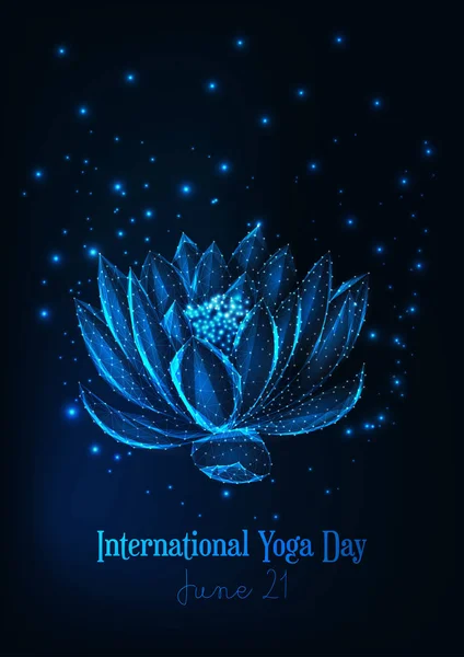 Plantilla de póster de día de yoga internacional con lirio de agua poligonal bajo brillante, flor de loto . — Vector de stock