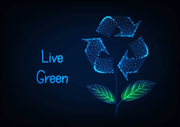 Futuristisches ökologisches Banner mit Blume aus glühend niedrigem polygonalen Recyclingschild und grünen Blättern — Stockvektor