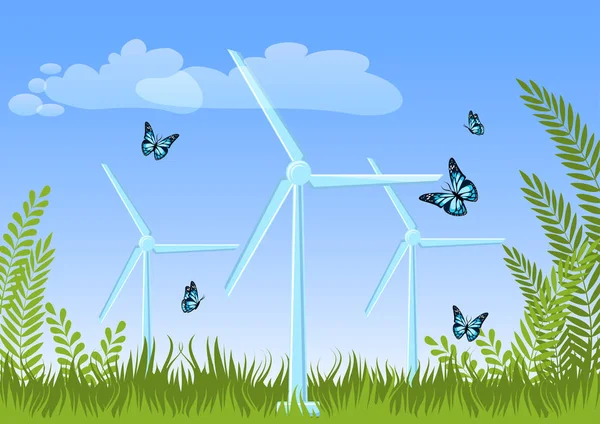 Letni krajobraz z turbin wiatrowych, zielone rośliny, trawa, latające motyle, niebo i chmury. — Wektor stockowy