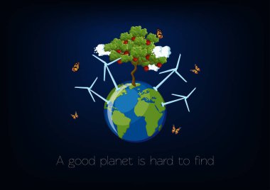 Dünya Çevre Günü poster Planet Earth dünya, yeşil elma ağacı, Rüzgar türbinleri, bulutlar ve koyu mavi arka planda uçan kelebekler.