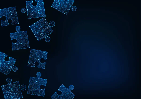 Futuristic glow low poly jigsaw puzzle pieces abstract background with space for text on dark blue.