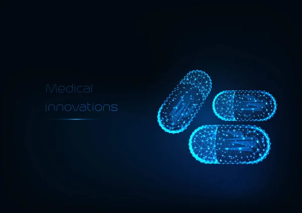 Futurista brilhante baixo poligonal drogas cápsulas e texto Inovação médica no fundo azul escuro . — Vetor de Stock