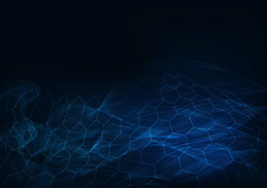 Petek altıgenleri ve dalga çizgileri ile fütüristik parlayan soyut koyu mavi arka plan.