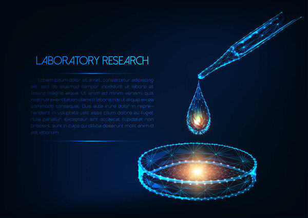 Futuristic laboratory research concept with glowing low polygonal pipette liquid drop and petri dish