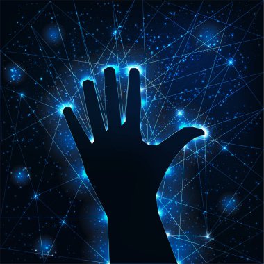 Fütüristik parlayan tel kafes arka planda koyu yükseltilmiş el silueti.