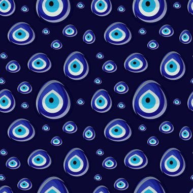 Seamless pattern with turkish traditional glass amulet boncuk, evil on dark blue background. clipart