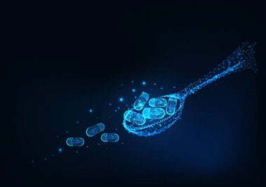 Fütüristik parlayan düşük poligonal kaşık ile ilaç hapları koyu mavi arka plan üzerinde izole.