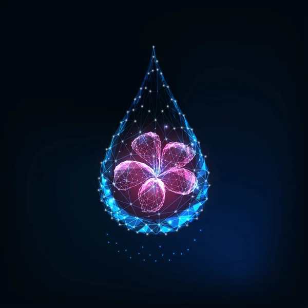 Futuriste brillant faible goutte d'eau polygonale avec fleur violette abstraite sur fond bleu foncé . — Image vectorielle