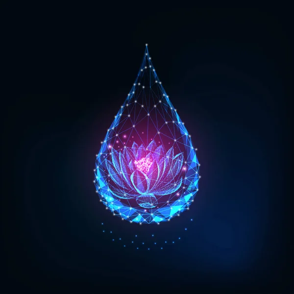 Futuriste brillant faible fleur de lotus rose polygonale à l'intérieur de la goutte d'eau sur fond bleu foncé . — Image vectorielle