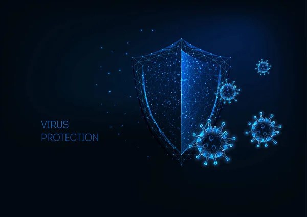 Concepto de protección de virus futurista con escudo poligonal bajo brillante y células de virus . — Vector de stock