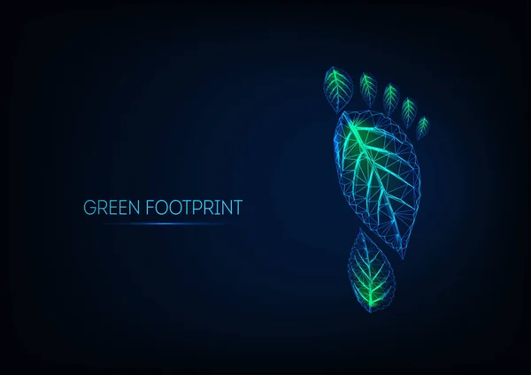 Futuristischer glühender Low-Poly-Fußabdruck aus grünen Blättern isoliert auf dunkelblauem Hintergrund — Stockvektor