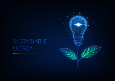 Sürdürülebilir enerji kavramı. Fütüristik parlayan düşük poli çiçek ampul ve yeşil yapraklarından yapılmış.