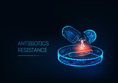 Antibiyotikler direnç kavramı. Fütüristik düşük poligonal antibiyotik hapları, Petri çanak üzerinde bakteri.