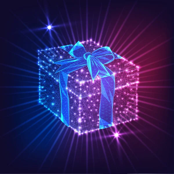 Futuristic glowing low poly gift box with ribbon bow isolated on dark blue and purple background. — Stock Vector