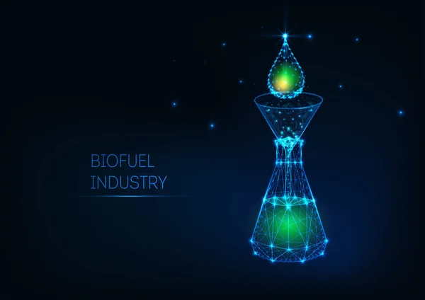 Futuristische biobrandstof industrie concept met gloeiende laag poly groene Petroleum druppel, trechter, kolf. — Stockvector