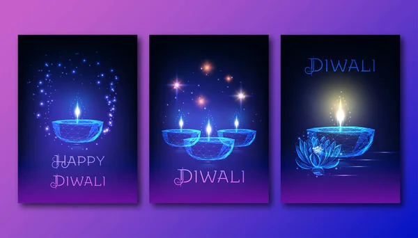 Posteres diwali feliz com futurista brilhante lâmpada de óleo poligonal baixa diya, flor de lótus, estrelas . —  Vetores de Stock