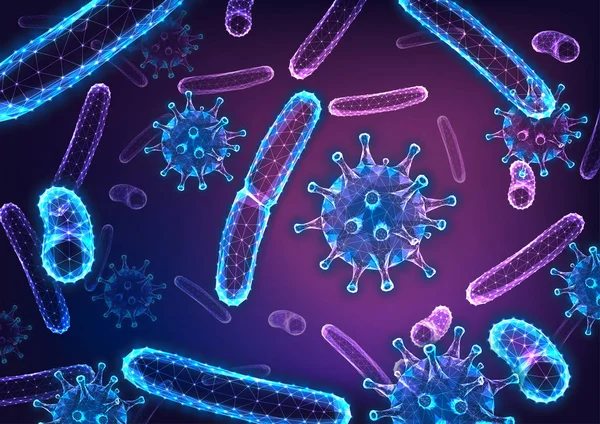 Fondo abstracto poligonal bajo brillante futurista con bacterias bacilos y células del virus de la gripe . — Archivo Imágenes Vectoriales