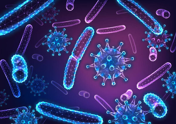 Futuristic glowing low polygonal abstract background with bacilli bacteria and flu virus cells.