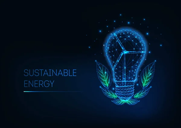 Conceito de energia sustentável com lâmpada futurista de baixa poliluminosidade, turbina eólica e folhas verdes . —  Vetores de Stock