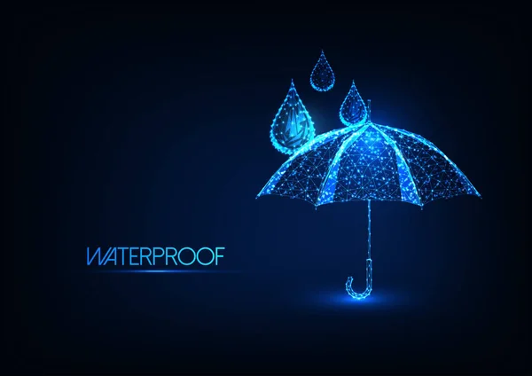 Futuristic glowing low polygonal umbrella and water drops. Waterproofing concept. — Stock Vector