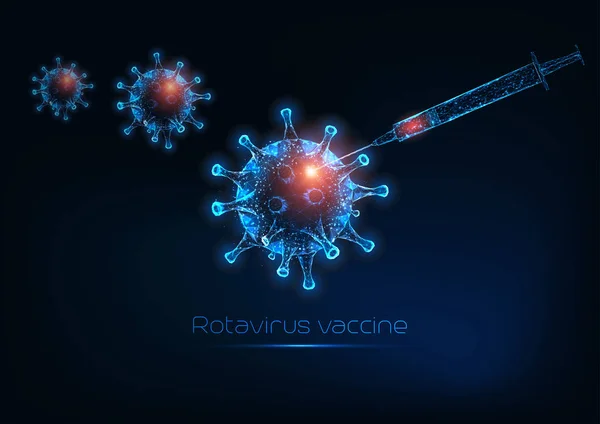 带有疫苗的前瞻性发光低多角形轮状病毒或流感病毒细胞和注射器. — 图库矢量图片