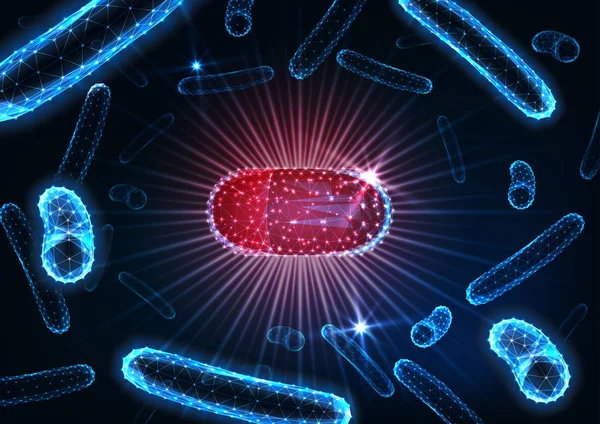 Antibióticos píldoras en bacterias concepto medio. Cápsula de fármaco futurista entre microorganismos bacilos . — Archivo Imágenes Vectoriales