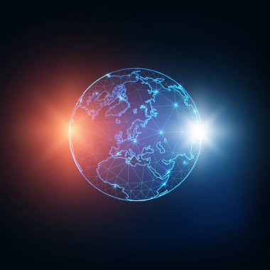 Geleceği parlak düşük çokgen gezegen Dünya haritası kırmızı ve mavi yıldızlar, ya da sergiler.