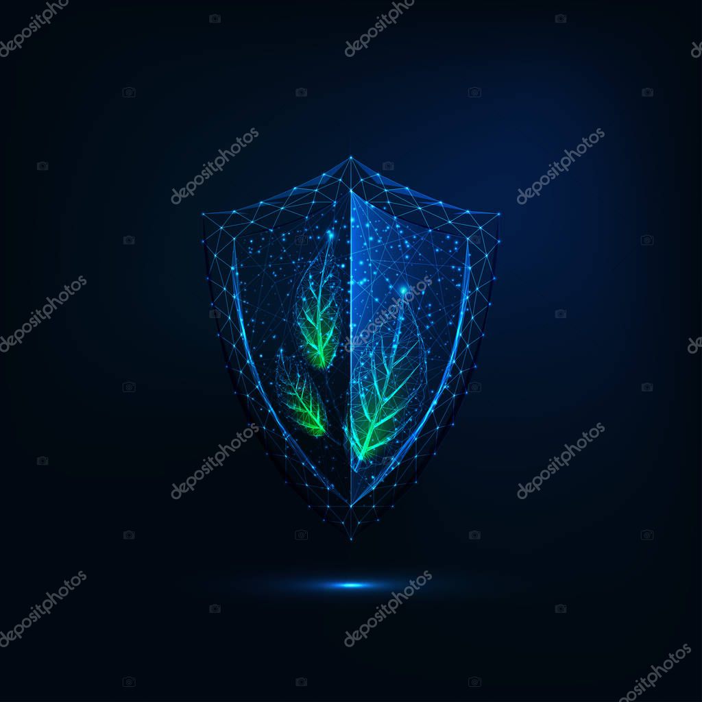 Futuristic glowing low polygonal shield with green leaves isolated on dark blue background. Environment, plant growth, agriculture protection. Web logo template. Modern wireframe design vector image.