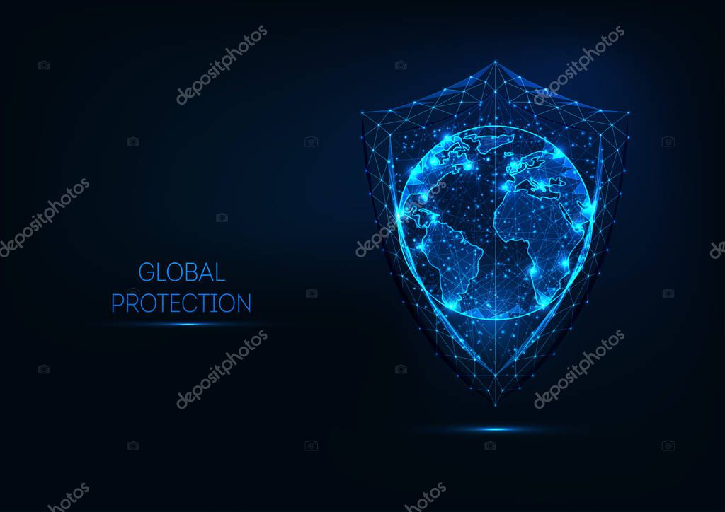 Futuristic glowing low polygonal shield wand planet earth globe map isolated on dark blue background. Global data protection concept. Modern wireframe design vector illustration.