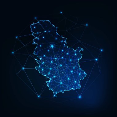 Sırbistan haritasında yıldızlar ve soyut çerçeveler yer alıyor. İletişim, bağlantı kavramı.