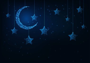 Gece tatili arka planında parlak parlak parlak düşük polimerli ay ve yıldızlar ve koyu mavi.