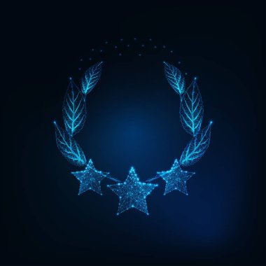 Geleceğin parlayan düşük çokgen üç yıldız ve defne çelengi koyu mavi arka planda izole edilmiş..