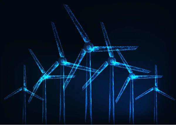 Futuriste brillant parc éolien polygonal bas sur fond bleu foncé . — Image vectorielle