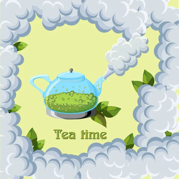 Plantilla de tarjeta de tiempo de té con tetera de vidrio con té verde caliente, vapor y hojas . — Archivo Imágenes Vectoriales