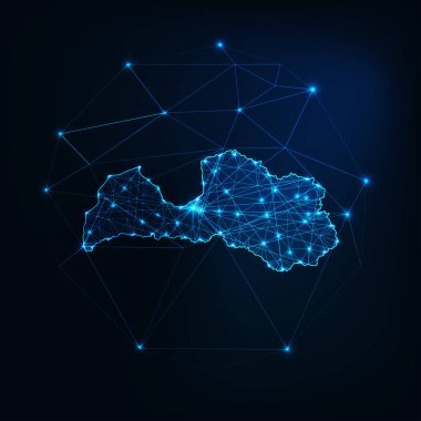 Letonya haritasında yıldızlar ve çizgiler soyut çerçeve. İletişim, bağlantı kavramı.