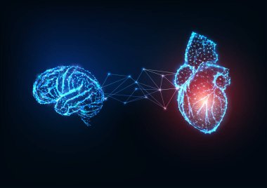 Gelecekçi parlak düşük çokgen bağlantılı insan organları koyu mavi arka planda beyin ve kalp.