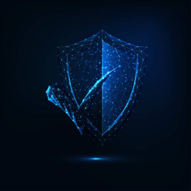 Koyu mavi arka planda onay işaretli gelecekçi düşük çokgen güvenlik kalkanı.
