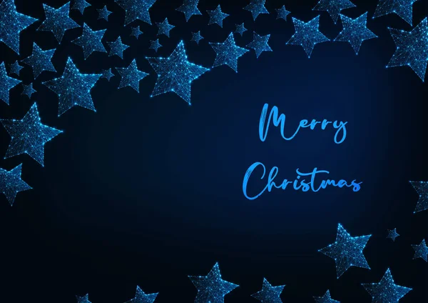 Vrolijk kerstkaart sjabloon met gloeiende sterren en tekst op donkerblauwe achtergrond. — Stockvector