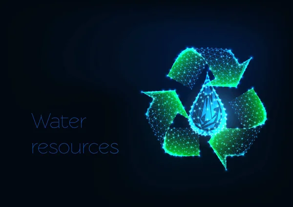 Signo de reciclaje verde poligonal bajo brillante futurista con gota de agua sobre fondo azul oscuro . — Vector de stock