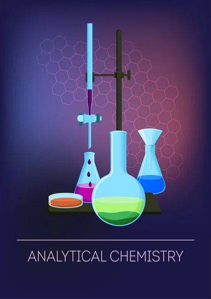 Концепція аналітичної хімії з лабораторним скляним посудом з реагентами . — стоковий вектор
