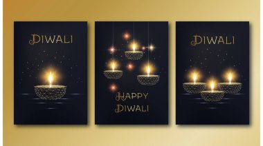 Mutlu diwali posterleri siyah arka planda altın rengi, düşük polimer lambalı..