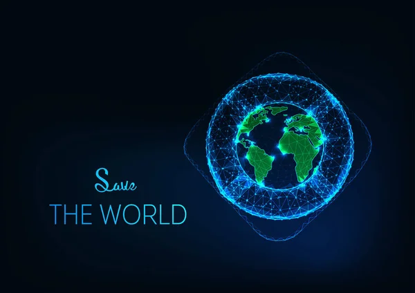 Zachraňte svět koncept s futuristickou zářící nízkou polygonální záchrannou bójí kolem planety Země. — Stockový vektor