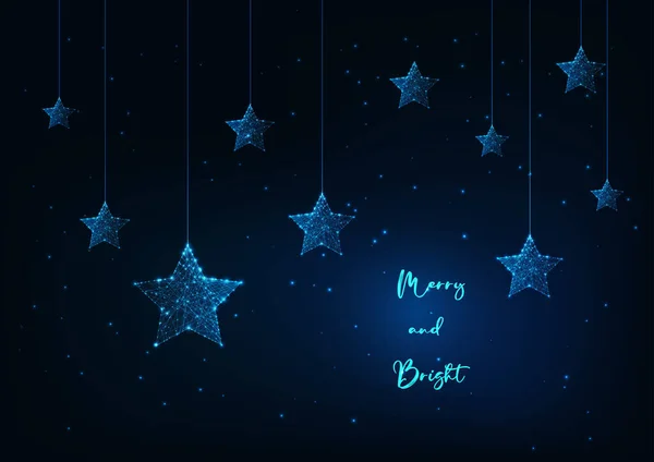 Merry Christmas greeting card with glowing low polygonal hanging stars and text on dark blue. — ストックベクタ