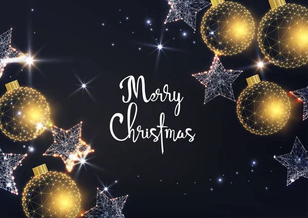 Vrolijke kerstkaart met gloeiende gouden kerstballen en witte sterren en tekst op zwarte achtergrond. — Stockvector