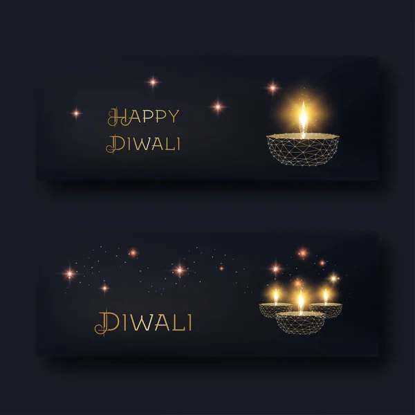 Happy Diwali web banners with glowing low poly golden oil lamp diya and text on black background. — Stock Vector